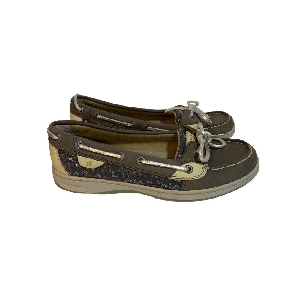 Sperry Top‎ Sider Taupe Leather Gray Sequin Slip On Boat Shoes Sz 8 1/2